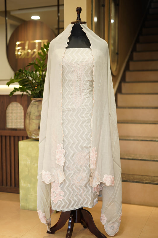 Sea Green Chanderi Jaquard Suit with Applique Work