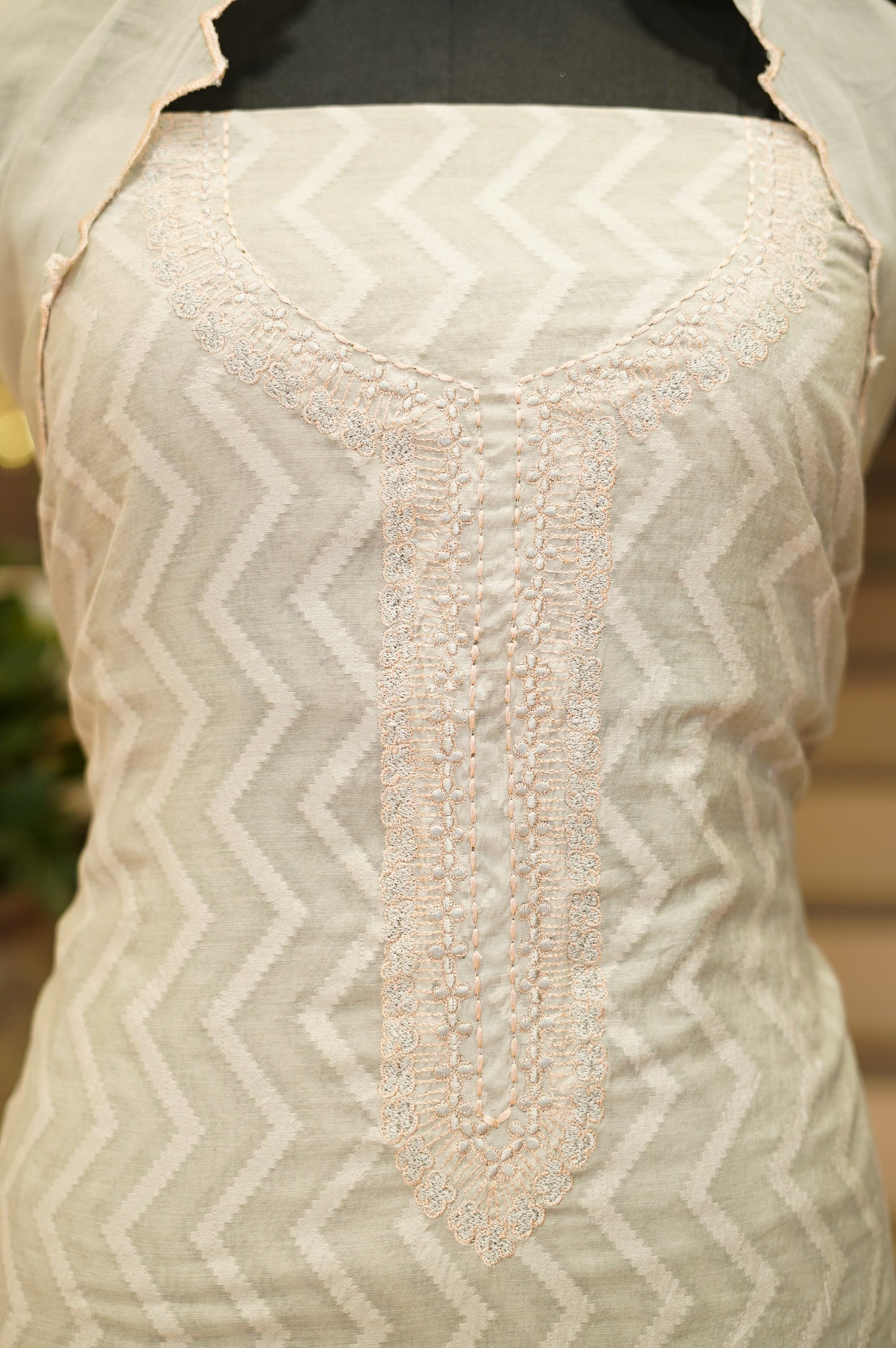 Sea Green Chanderi Jaquard Suit with Applique Work