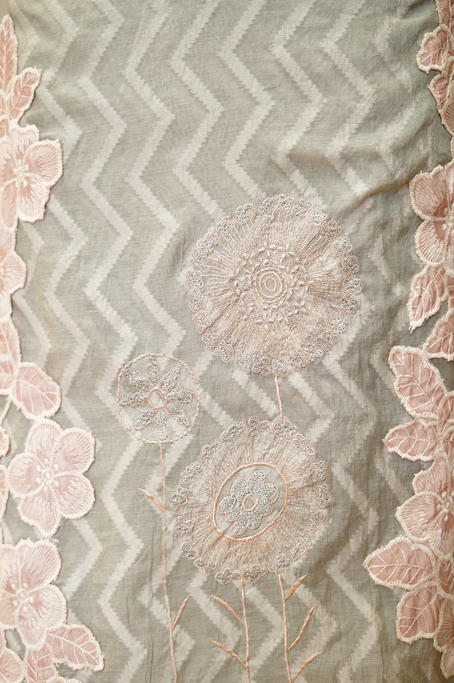 Sea Green Chanderi Jaquard Suit with Applique Work