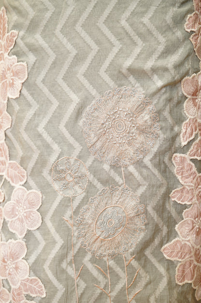 Sea Green Chanderi Jaquard Suit with Applique Work