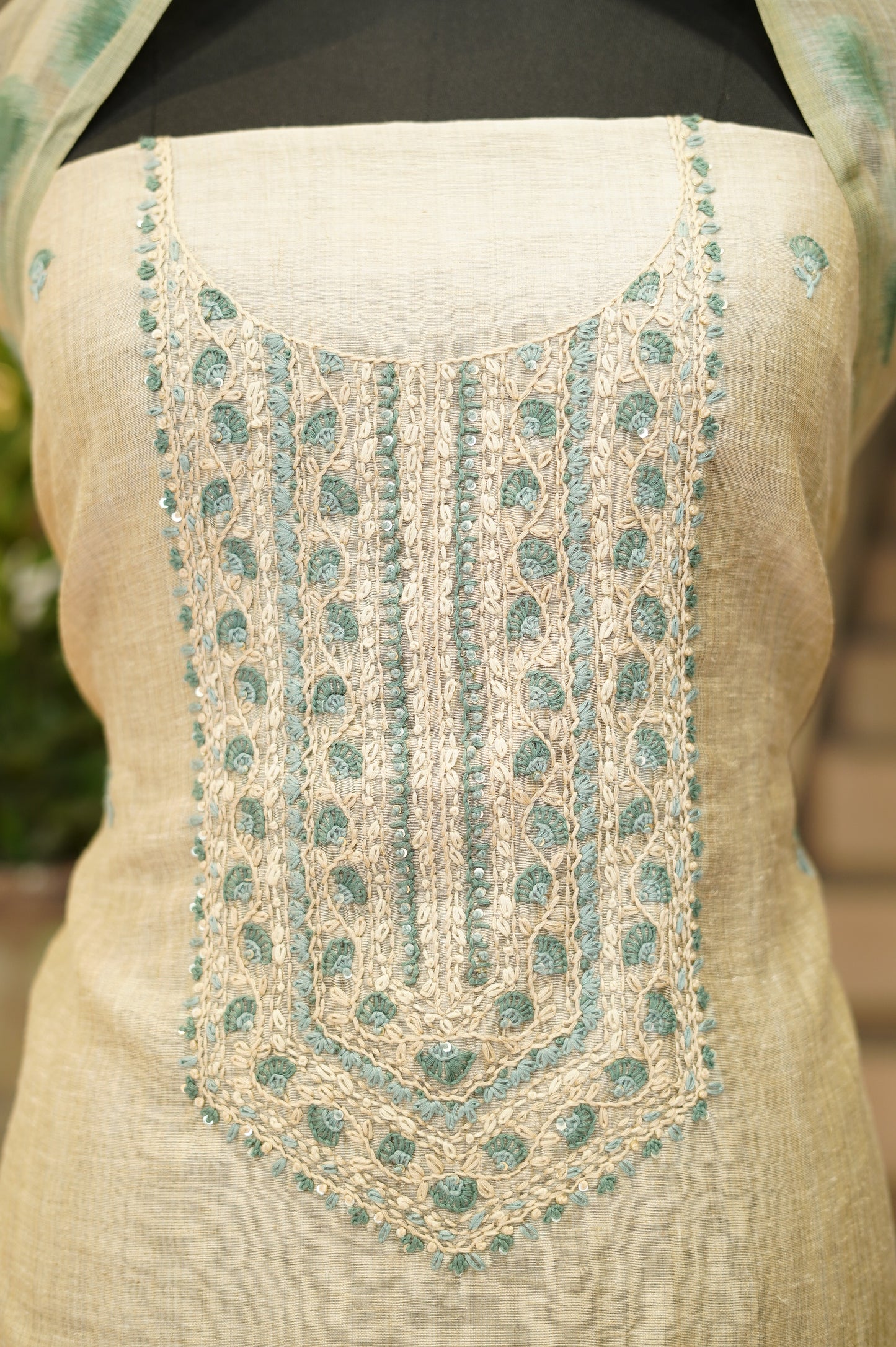 Beige Khadi Chanderi Suit with Hand Knot Work