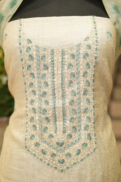 Beige Khadi Chanderi Suit with Hand Knot Work