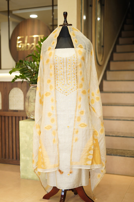 Beige Khadi Chanderi Suit with Hand Knot Work