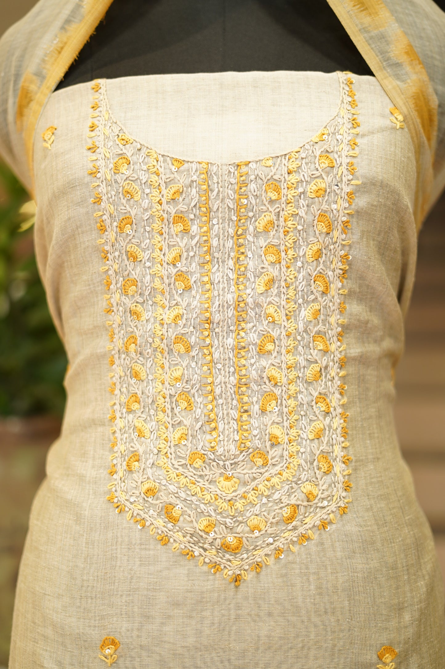 Beige Khadi Chanderi Suit with Hand Knot Work