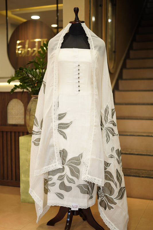White Mul Chanderi Suit with Applique Work