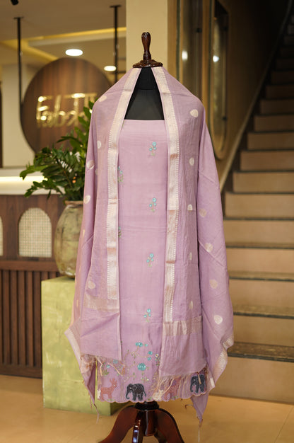 Purple Muslin Suit with Applique Work