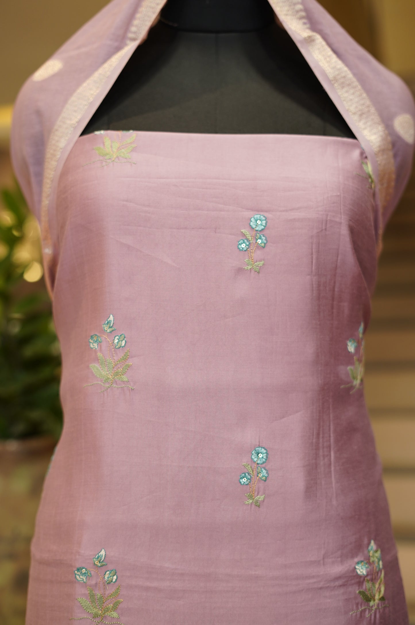 Purple Muslin Suit with Applique Work