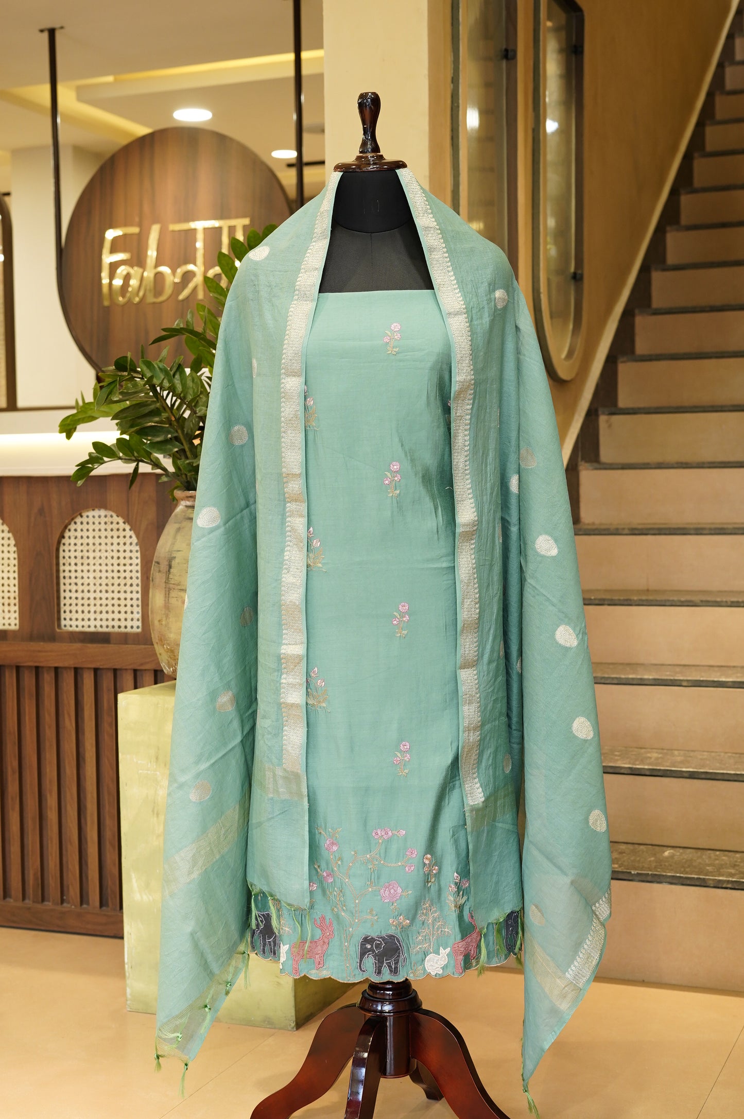 Green Muslin Suit with Applique Work