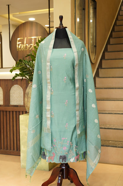 Green Muslin Suit with Applique Work