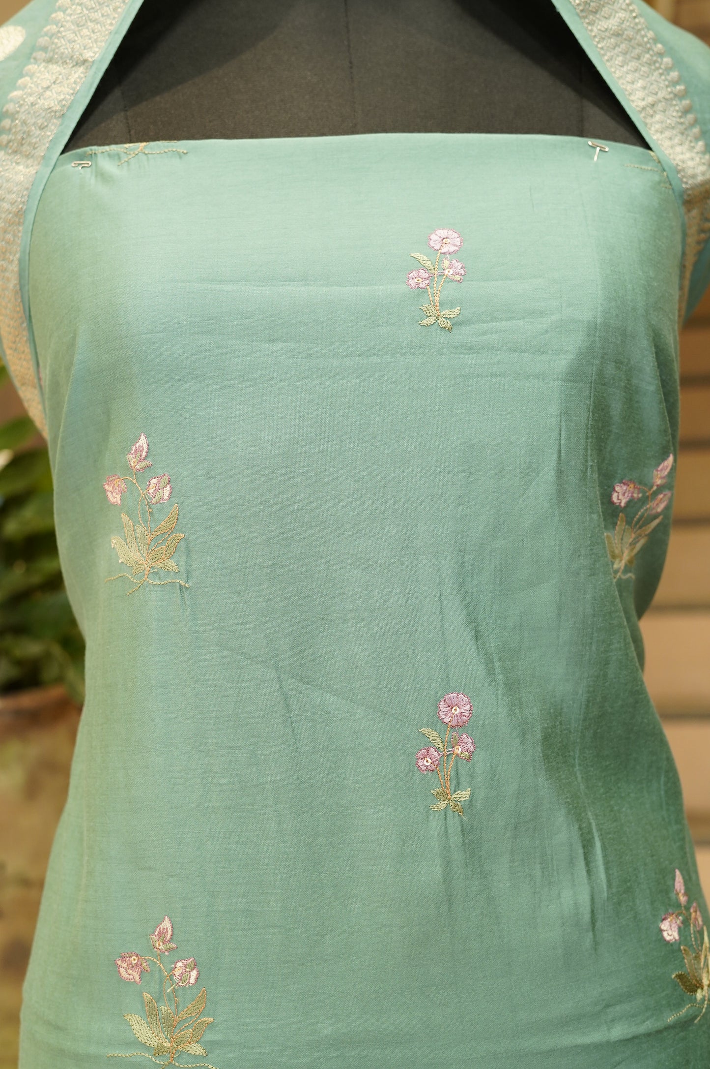 Green Muslin Suit with Applique Work