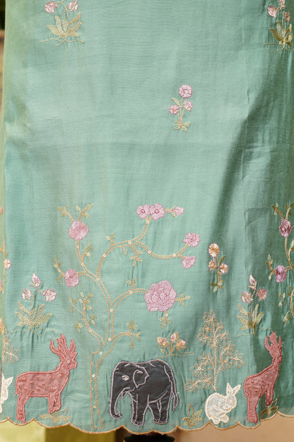 Green Muslin Suit with Applique Work