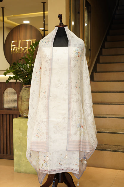 Off White Pure Linen Printed Suit with Mirror Work
