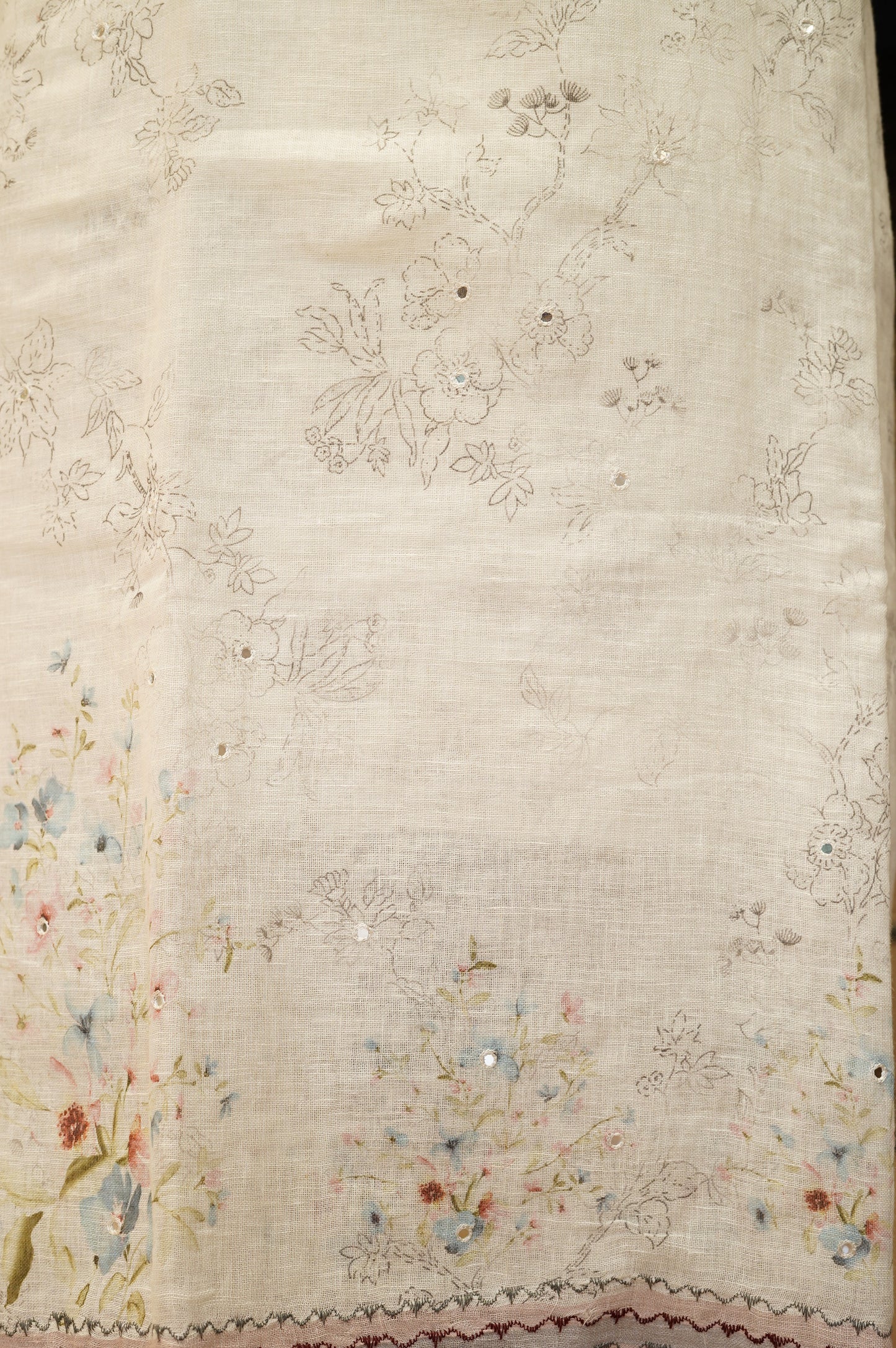 Off White Pure Linen Printed Suit with Mirror Work