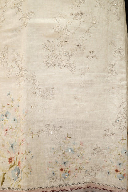 Off White Pure Linen Printed Suit with Mirror Work