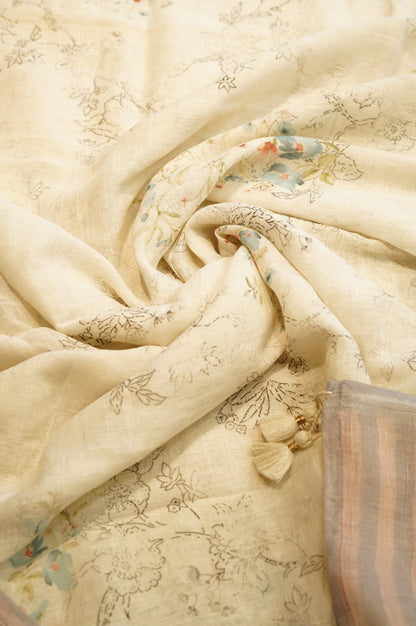 Off White Pure Linen Printed Suit with Mirror Work