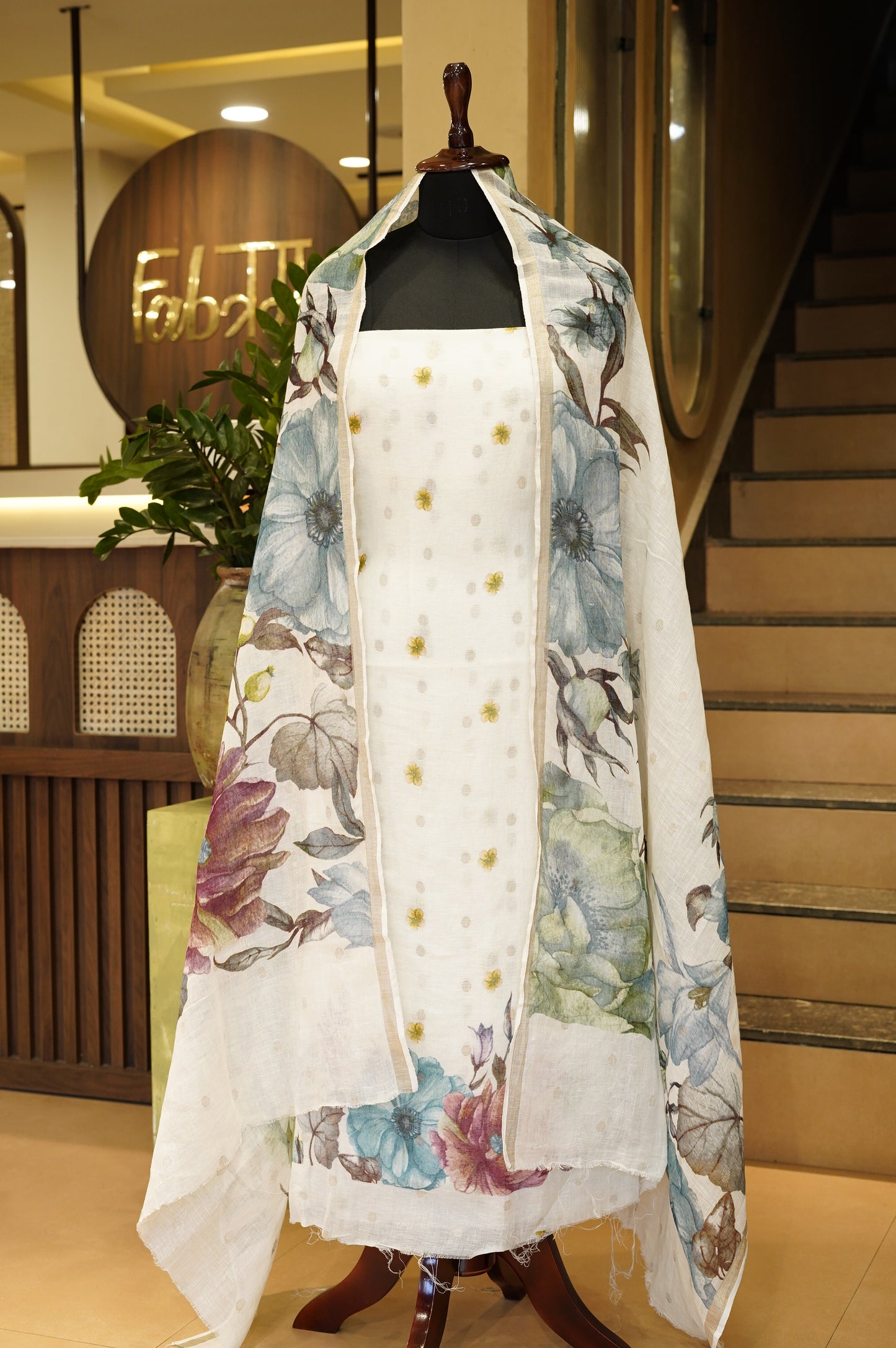 Off White Pure Linen Jaquard Printed Suit