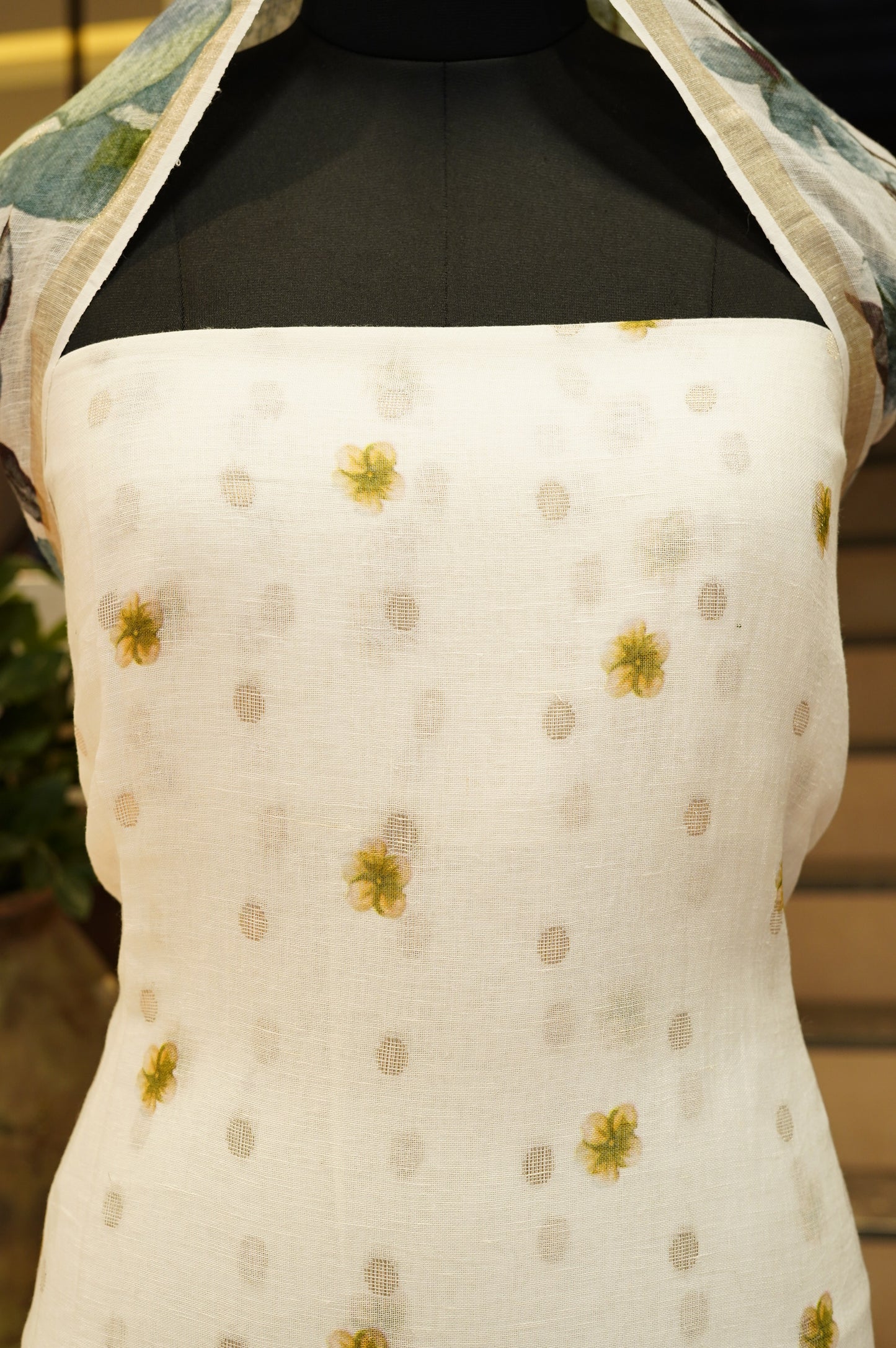 Off White Pure Linen Jaquard Printed Suit