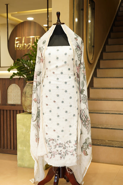 Off White Pure Linen Printed Suit