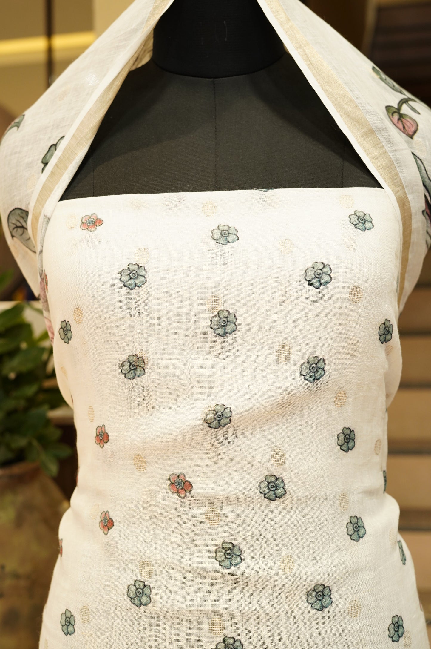 Off White Pure Linen Printed Suit