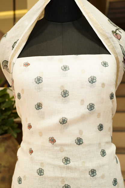 Off White Pure Linen Printed Suit