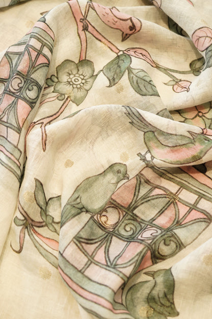 Off White Pure Linen Printed Suit