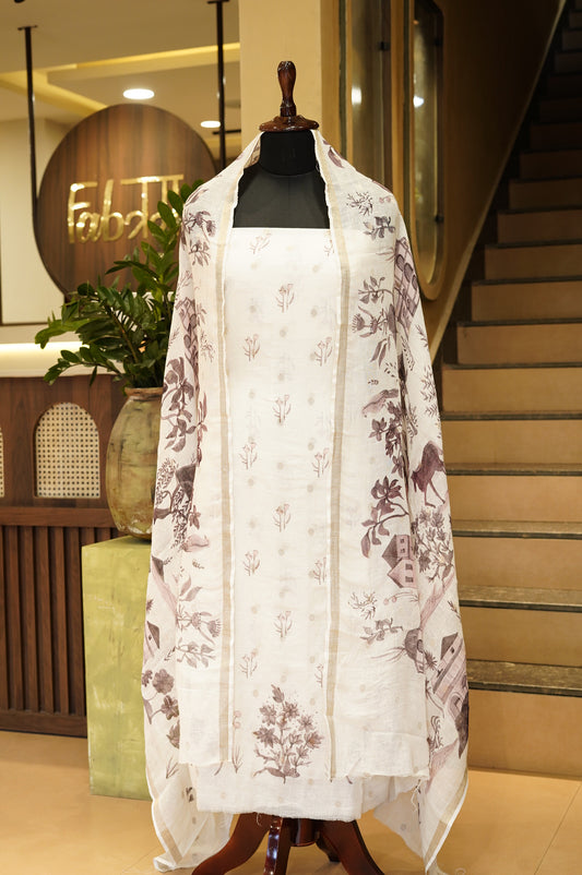 Off White Pure Linen Jaquard Printed Suit