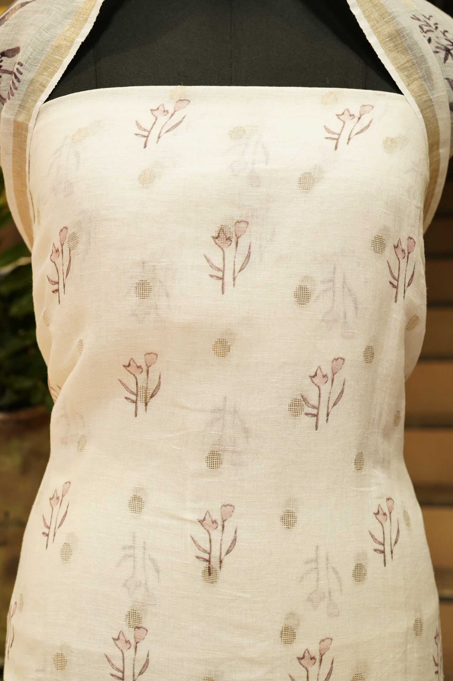 Off White Pure Linen Jaquard Printed Suit