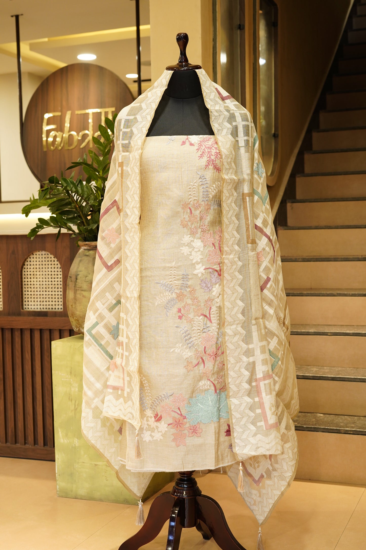 Beige Khadi Chanderi Suit with Applique Work