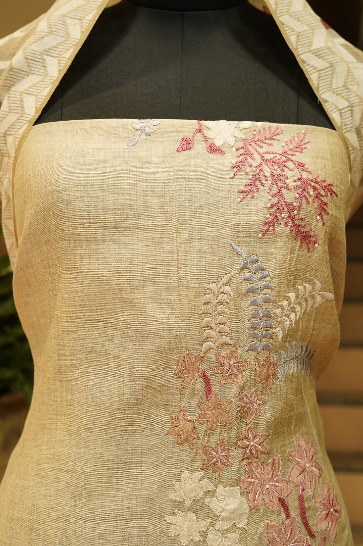 Beige Khadi Chanderi Suit with Applique Work