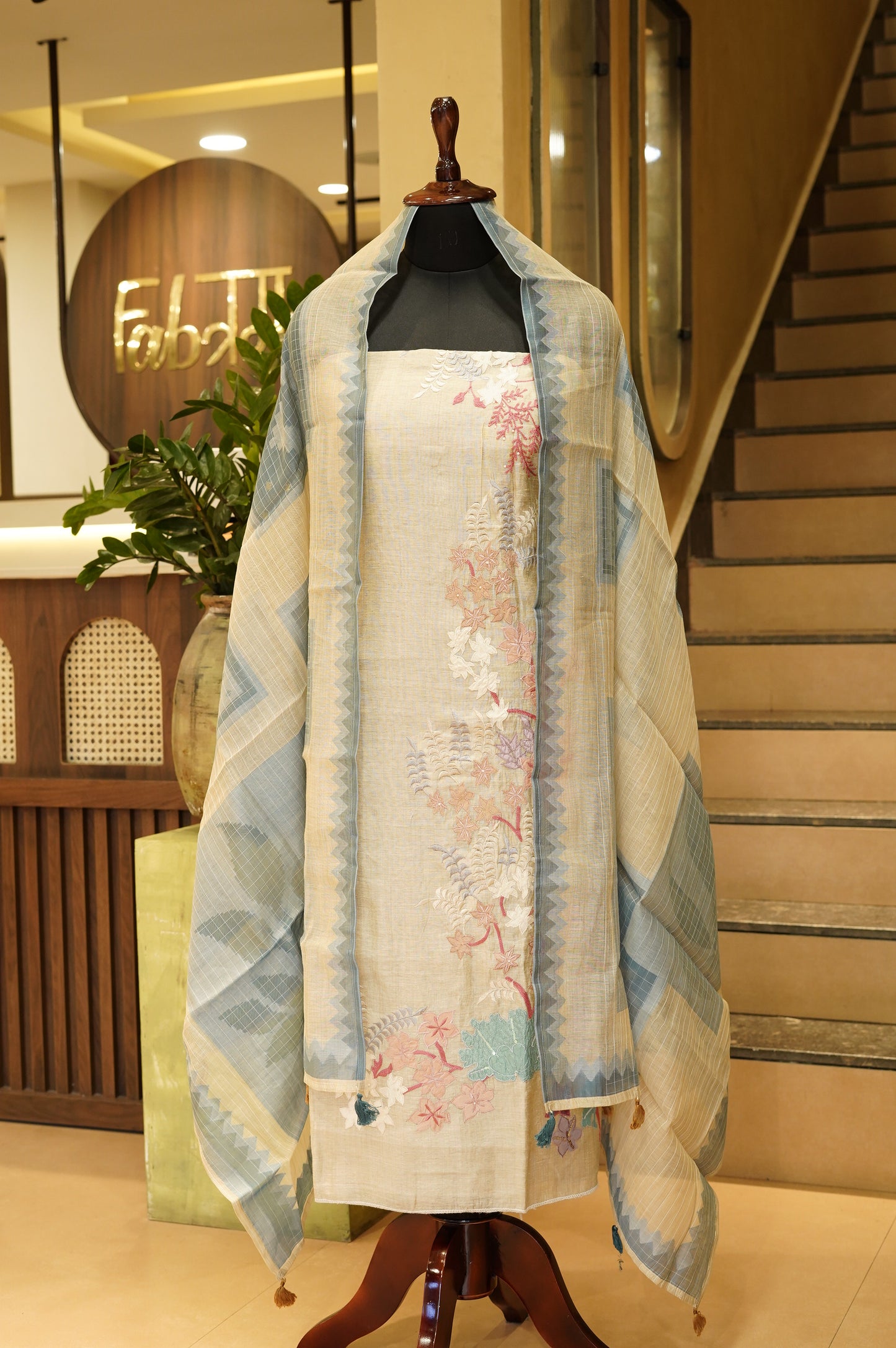 Beige Khadi Chanderi Suit with Applique Work