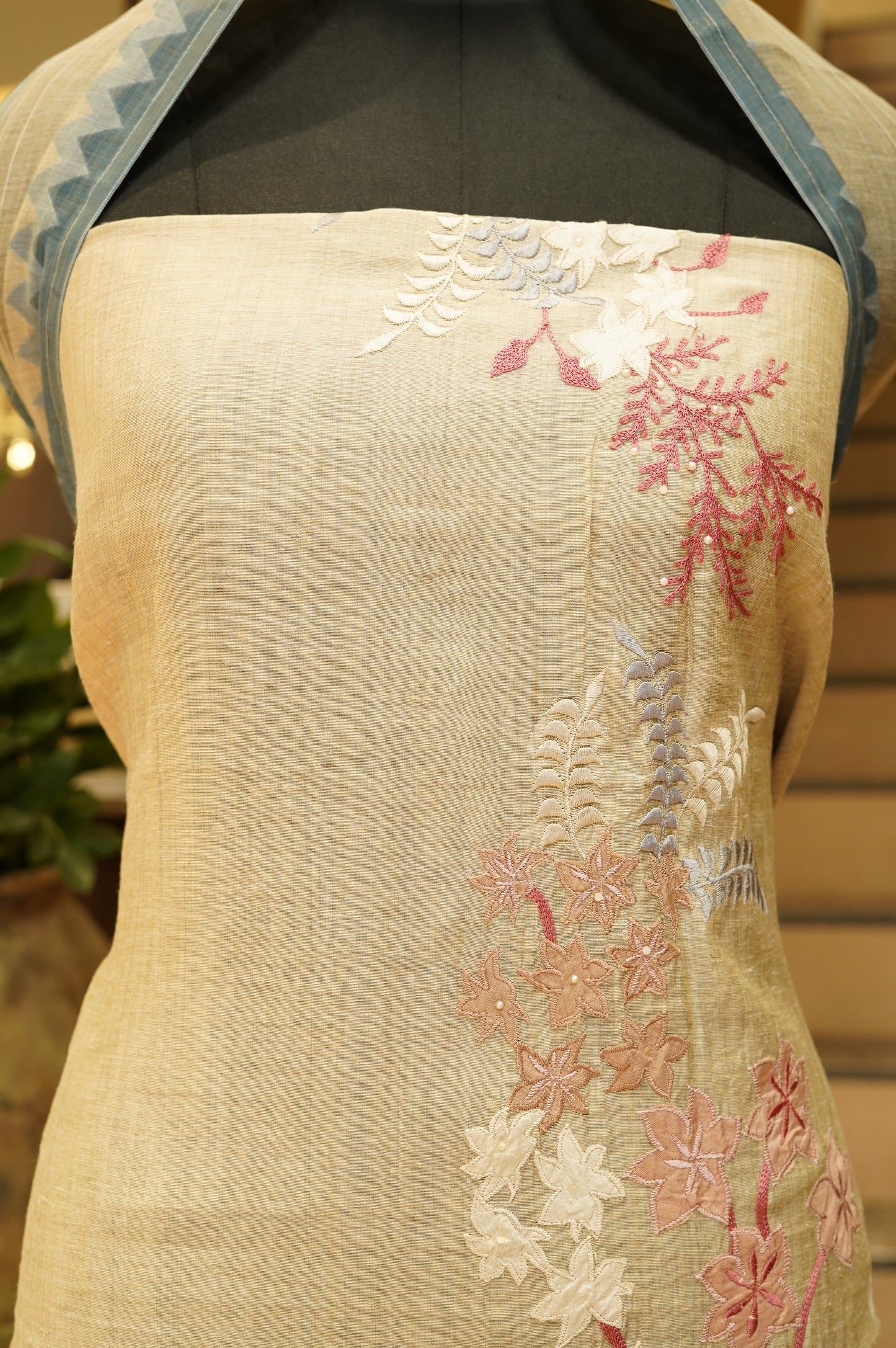 Beige Khadi Chanderi Suit with Applique Work