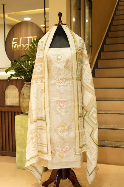 Beige Khadi Chanderi Suit with Embroidered