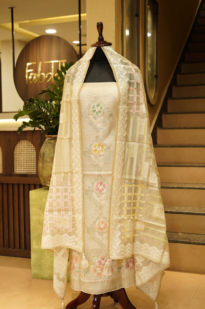 Beige Khadi Chanderi Suit with Embroidery