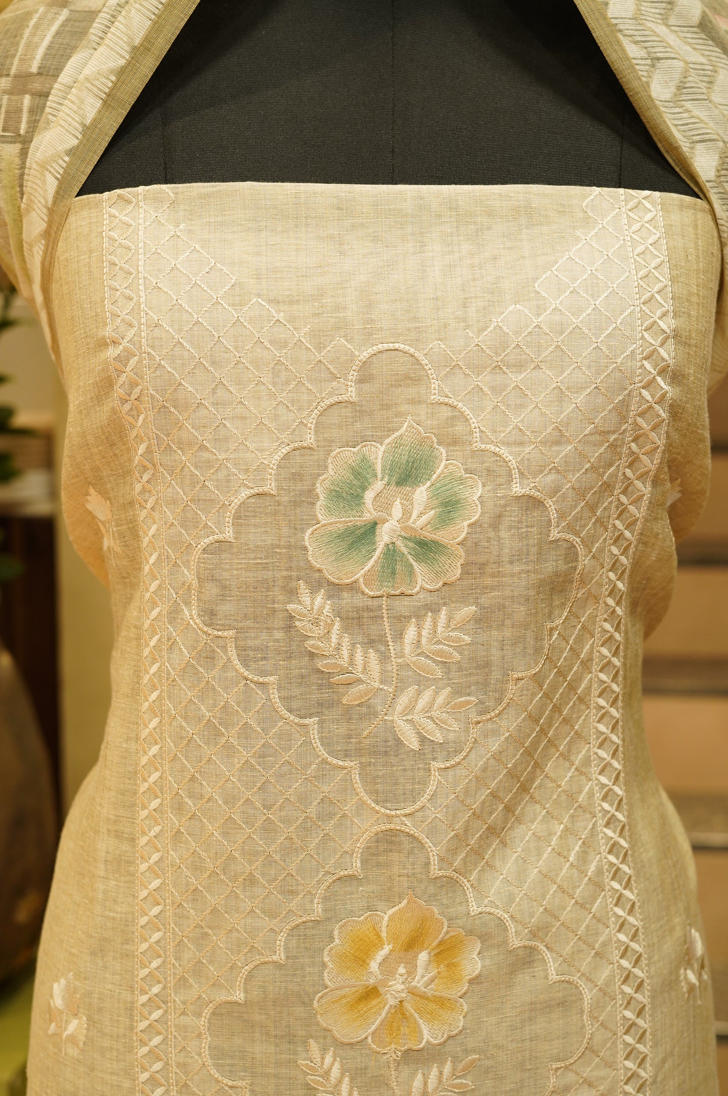 Beige Khadi Chanderi Suit with Embroidery