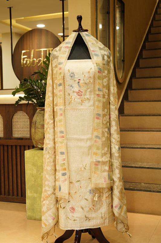 Beige Khadi Chanderi Suit with Embroidery