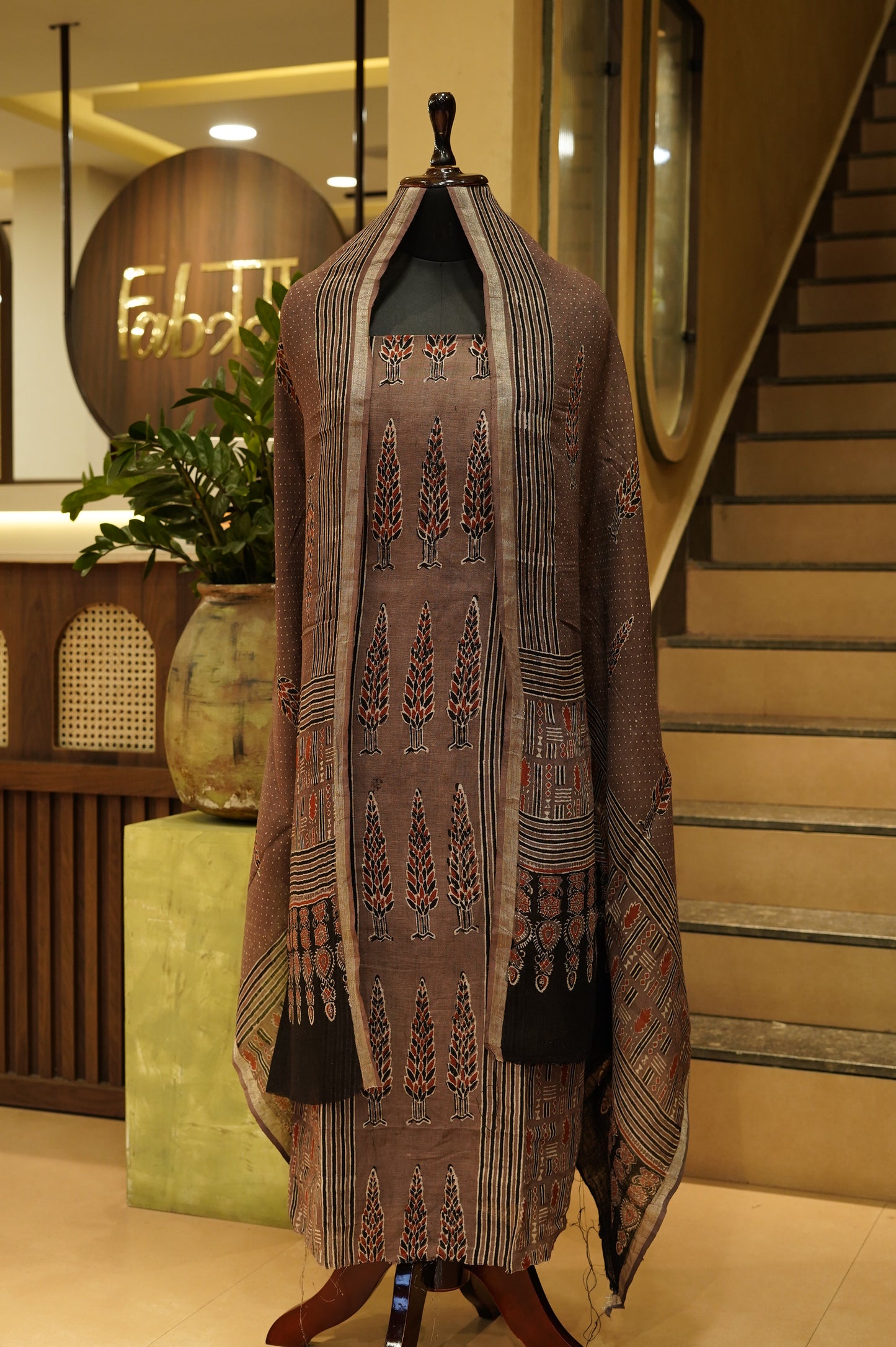 Brown Pure Linen Ajrakh Suit