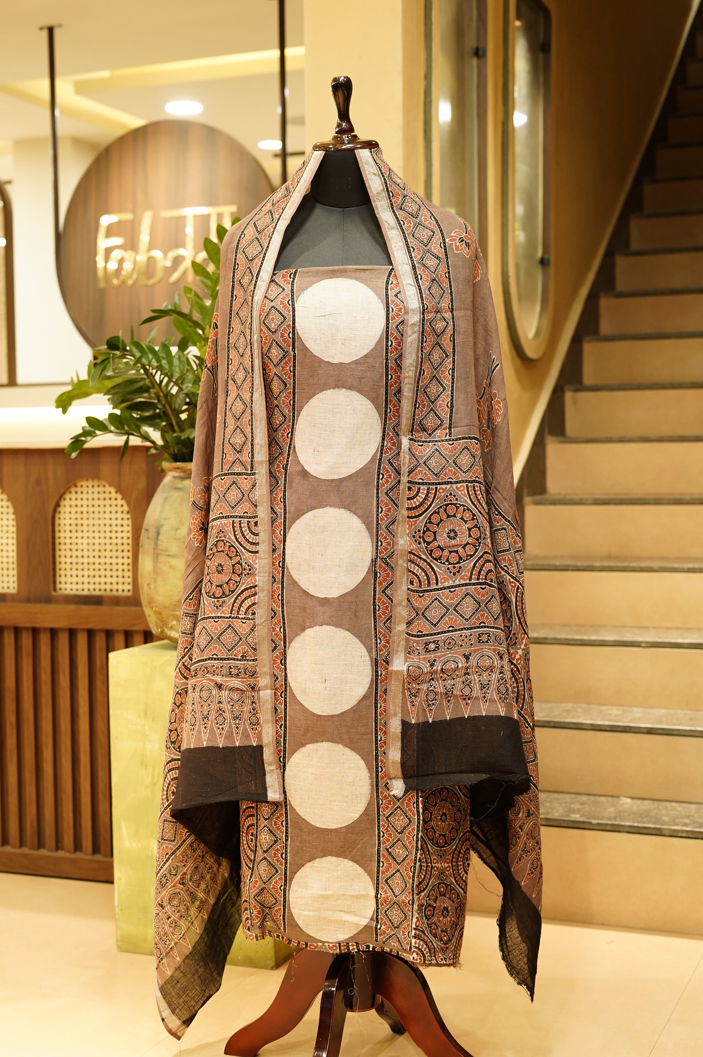 Brown Pure Linen Ajrakh Suit