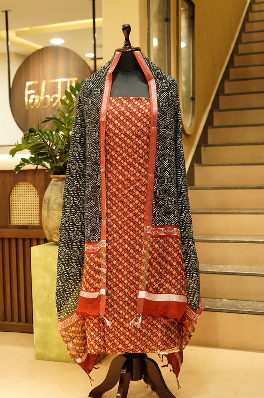 Red Rayon Linen Printed Suit