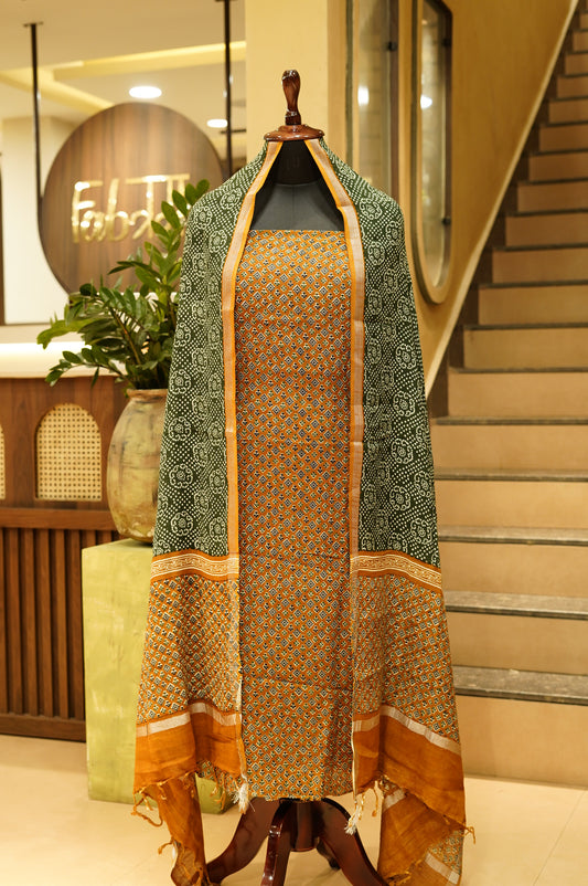 Rust Rayon Linen Printed Suit