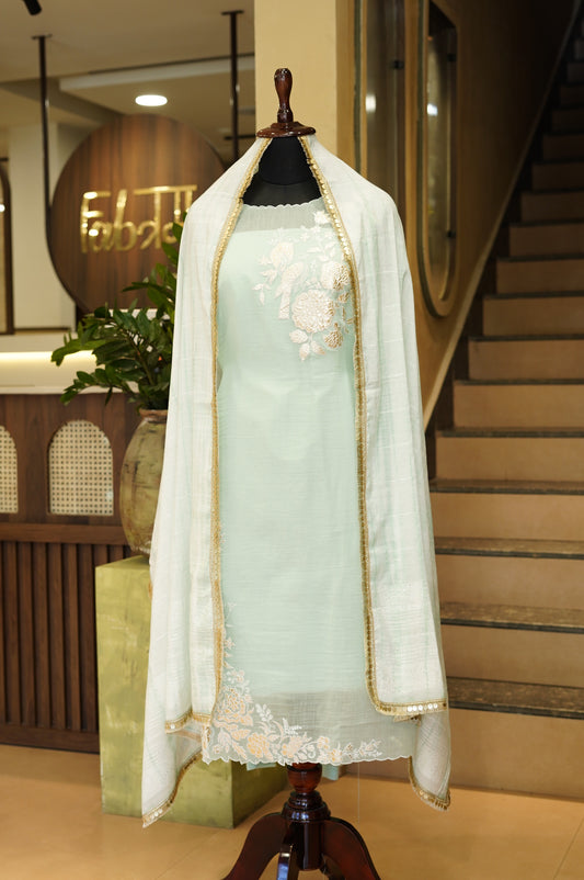 Turquoise Mul Chanderi Suit with Foil Applique Embroidery