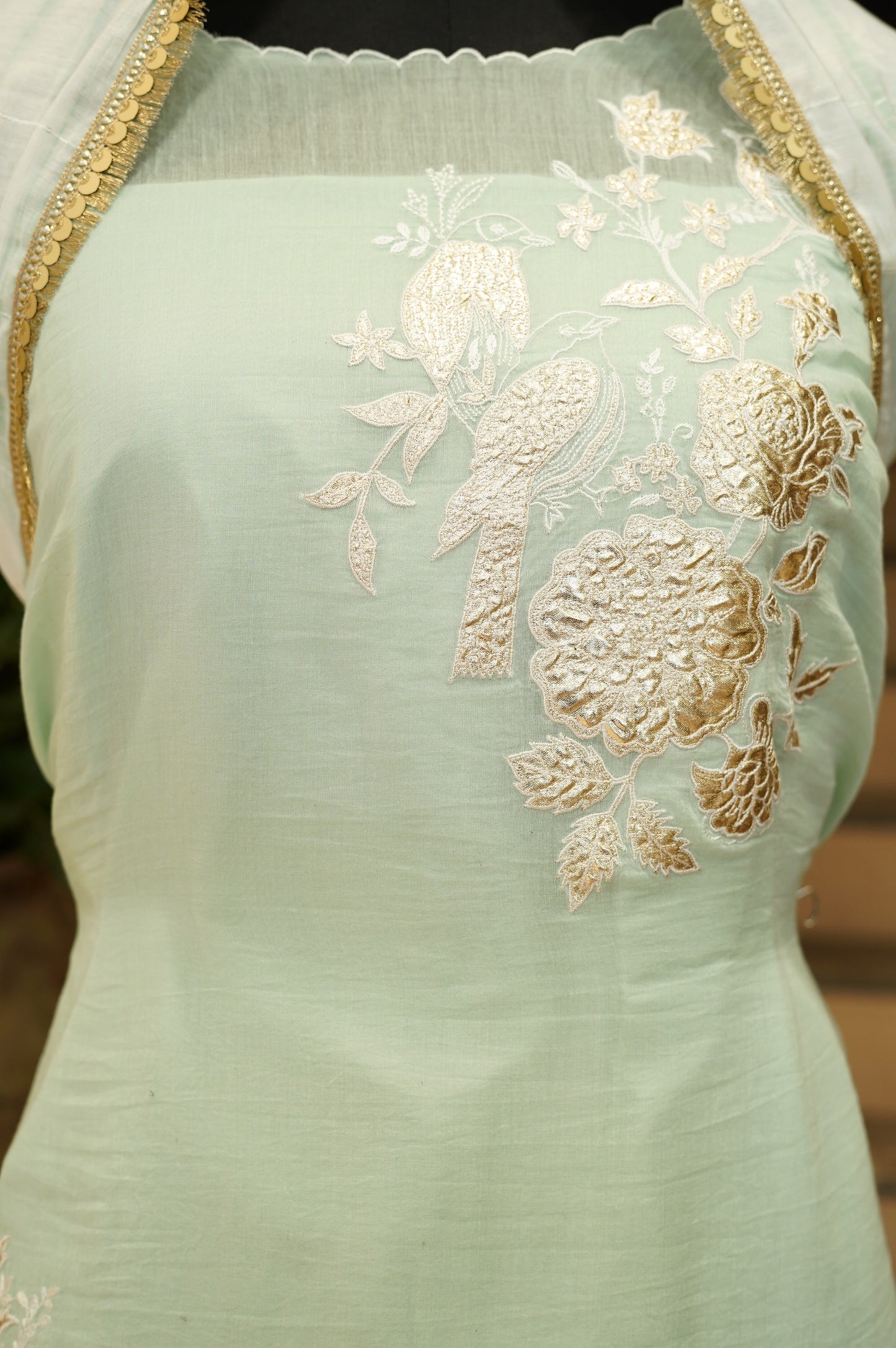 Turquoise Mul Chanderi Suit with Foil Applique Embroidery