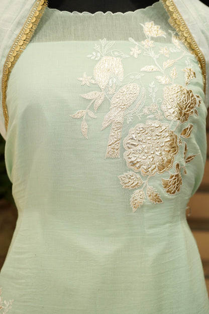 Turquoise Mul Chanderi Suit with Foil Applique Embroidery