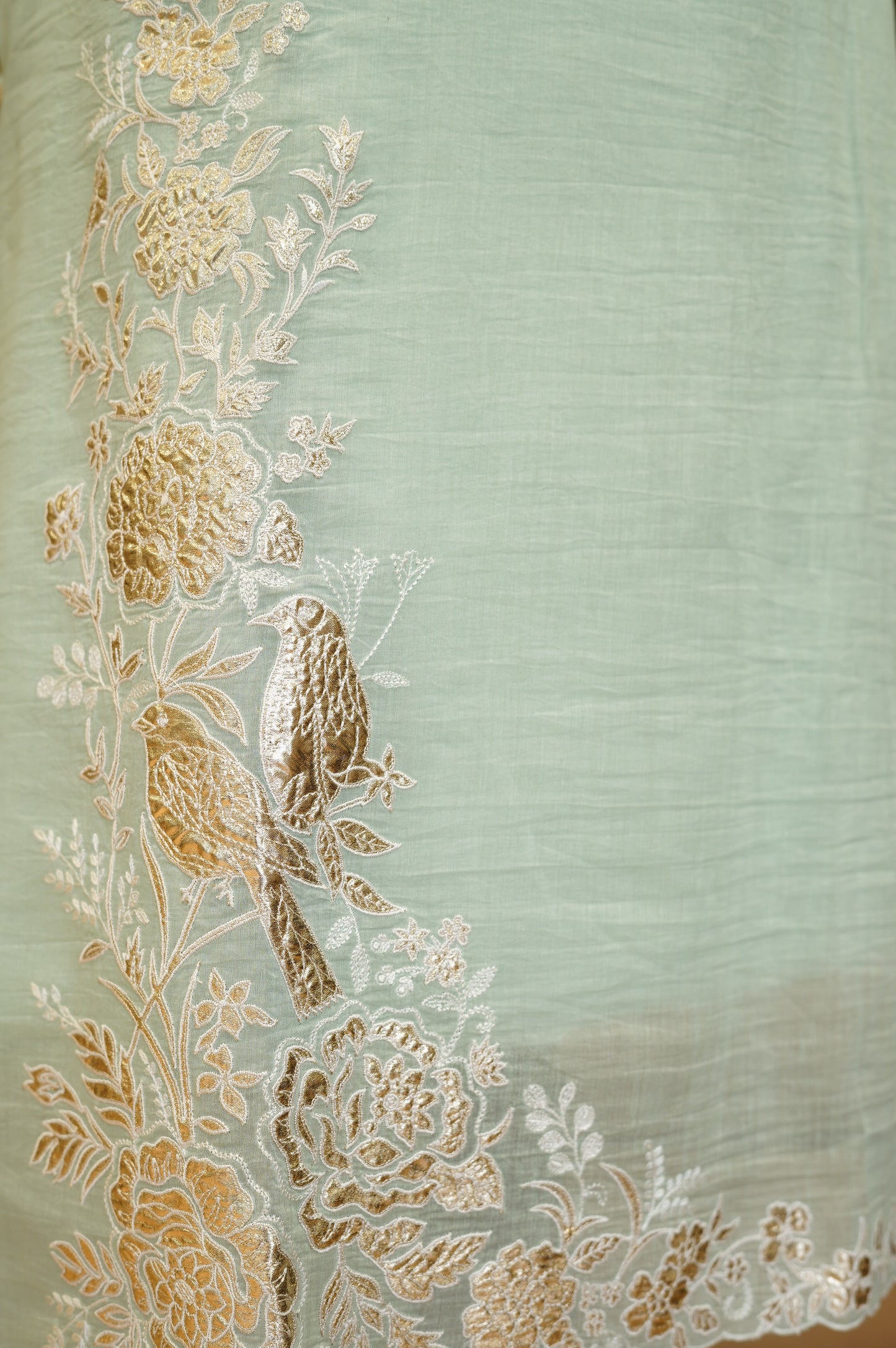 Turquoise Mul Chanderi Suit with Foil Applique Embroidery