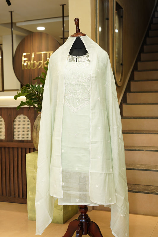 Sea Green Mul Chanderi Suit with Neck Embroidery