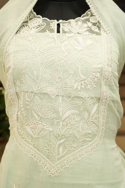 Sea Green Mul Chanderi Suit with Neck Embroidery