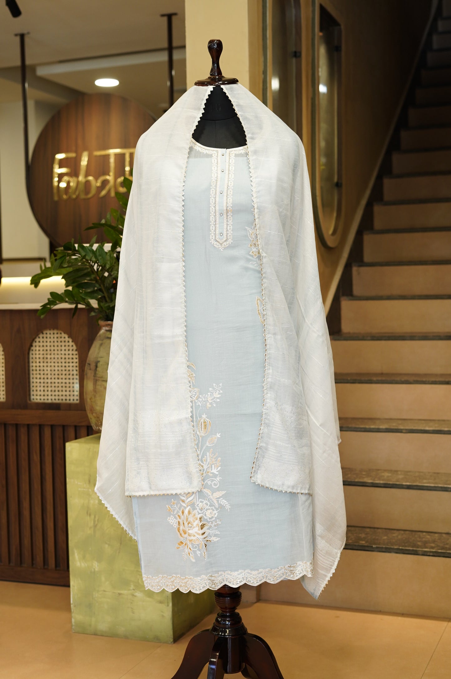 Blue Mul Chanderi Suit with Foil Applique Embroidery