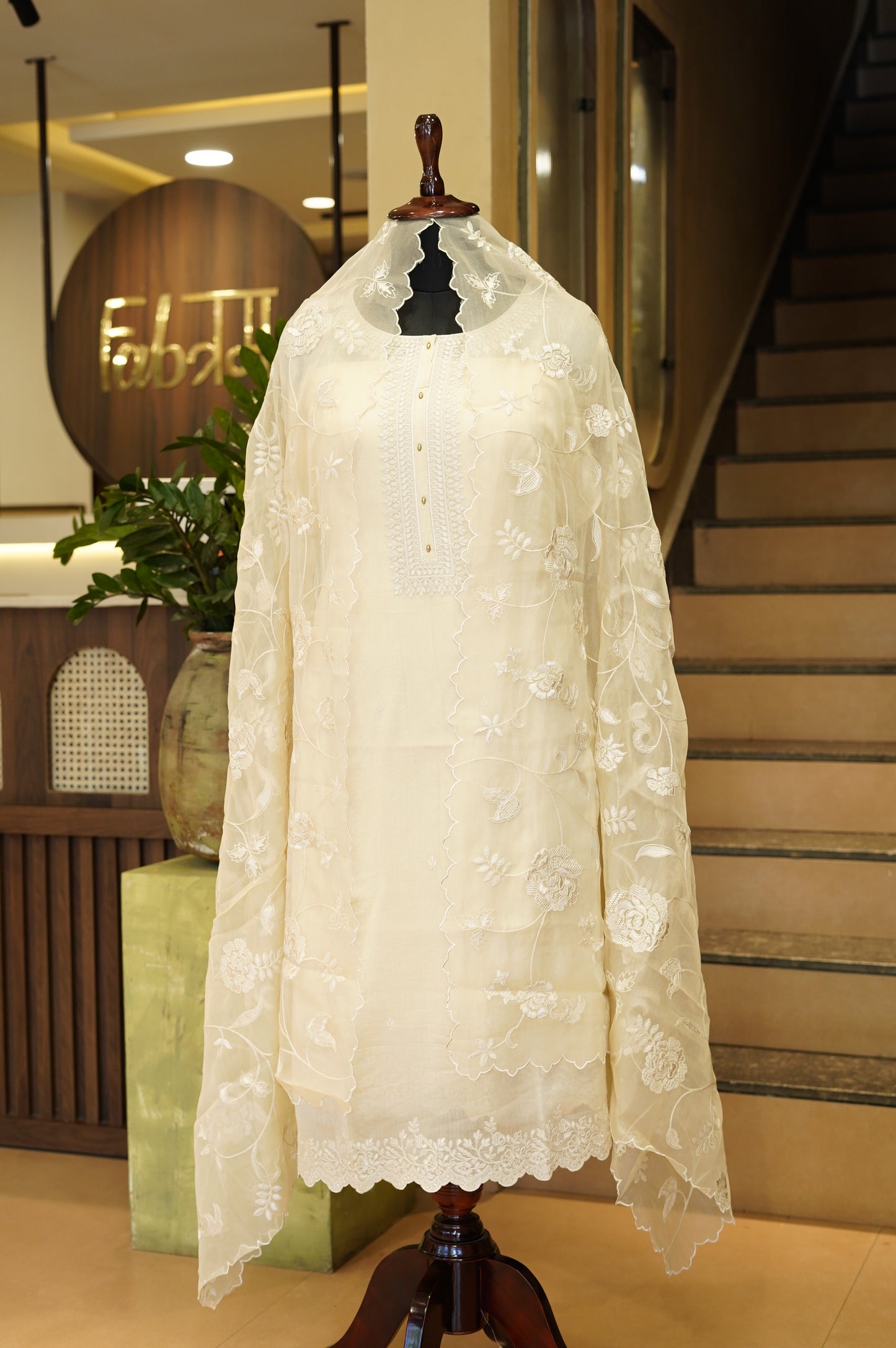 Cream Mul Chanderi Suit with Embroidery