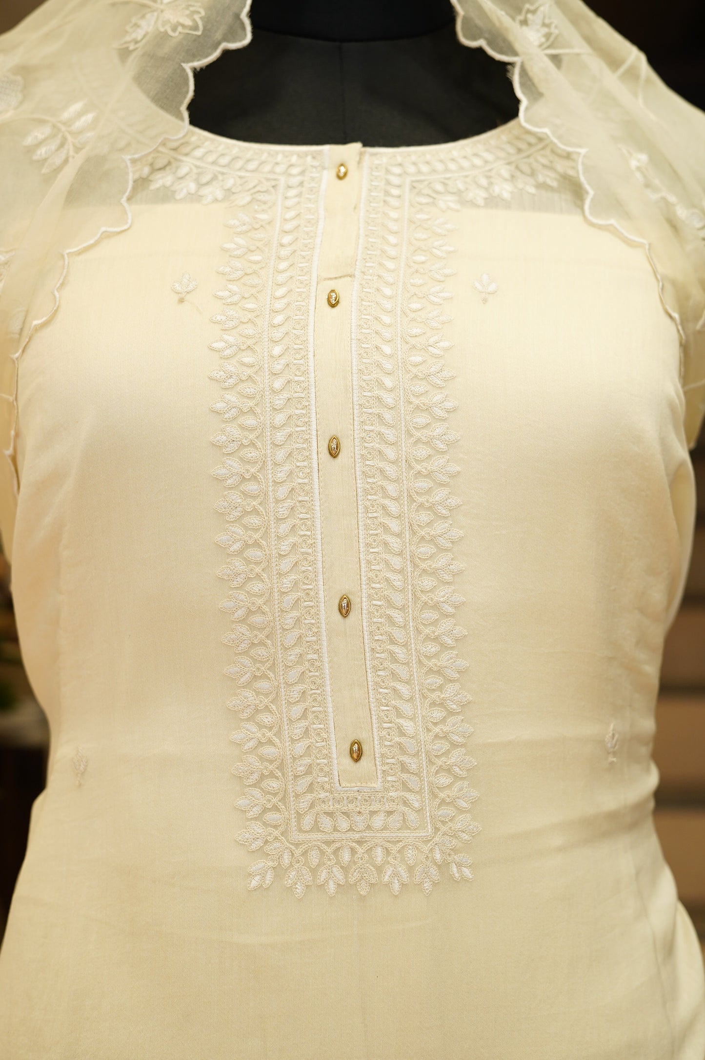Cream Mul Chanderi Suit with Embroidery