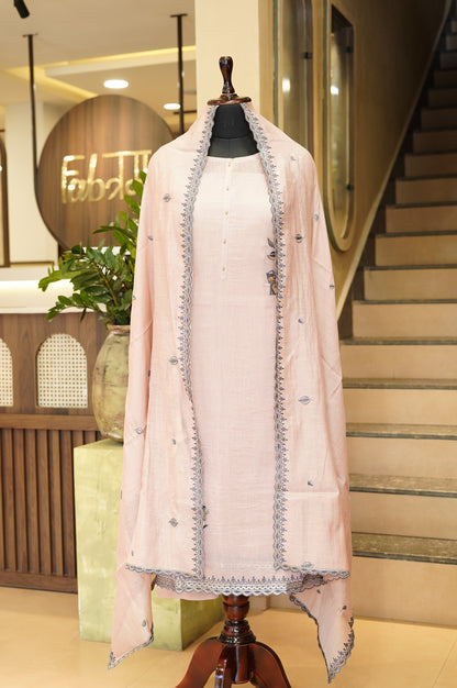Dusty Pink Mul Chanderi Suit with Foil Applique Embroidery