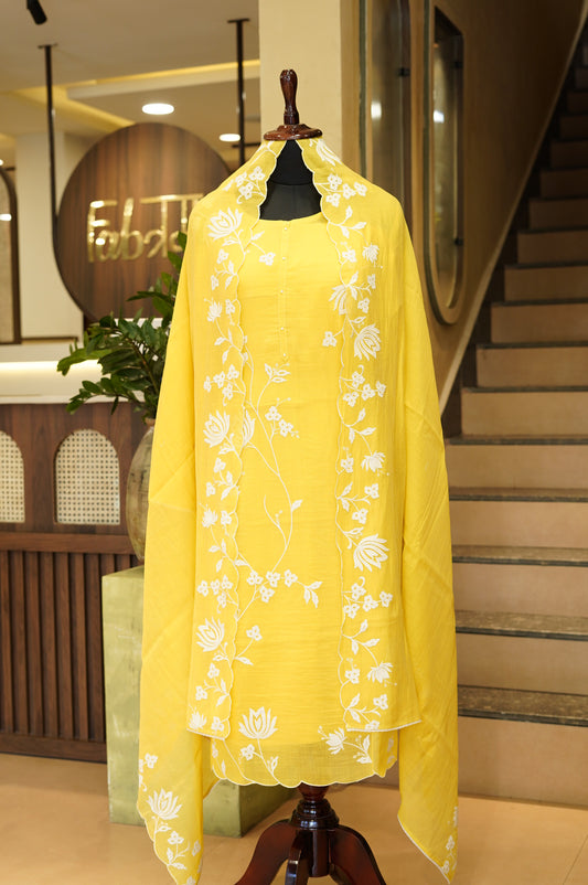 Yellow Mul Chanderi Suit with Applique Embroidery